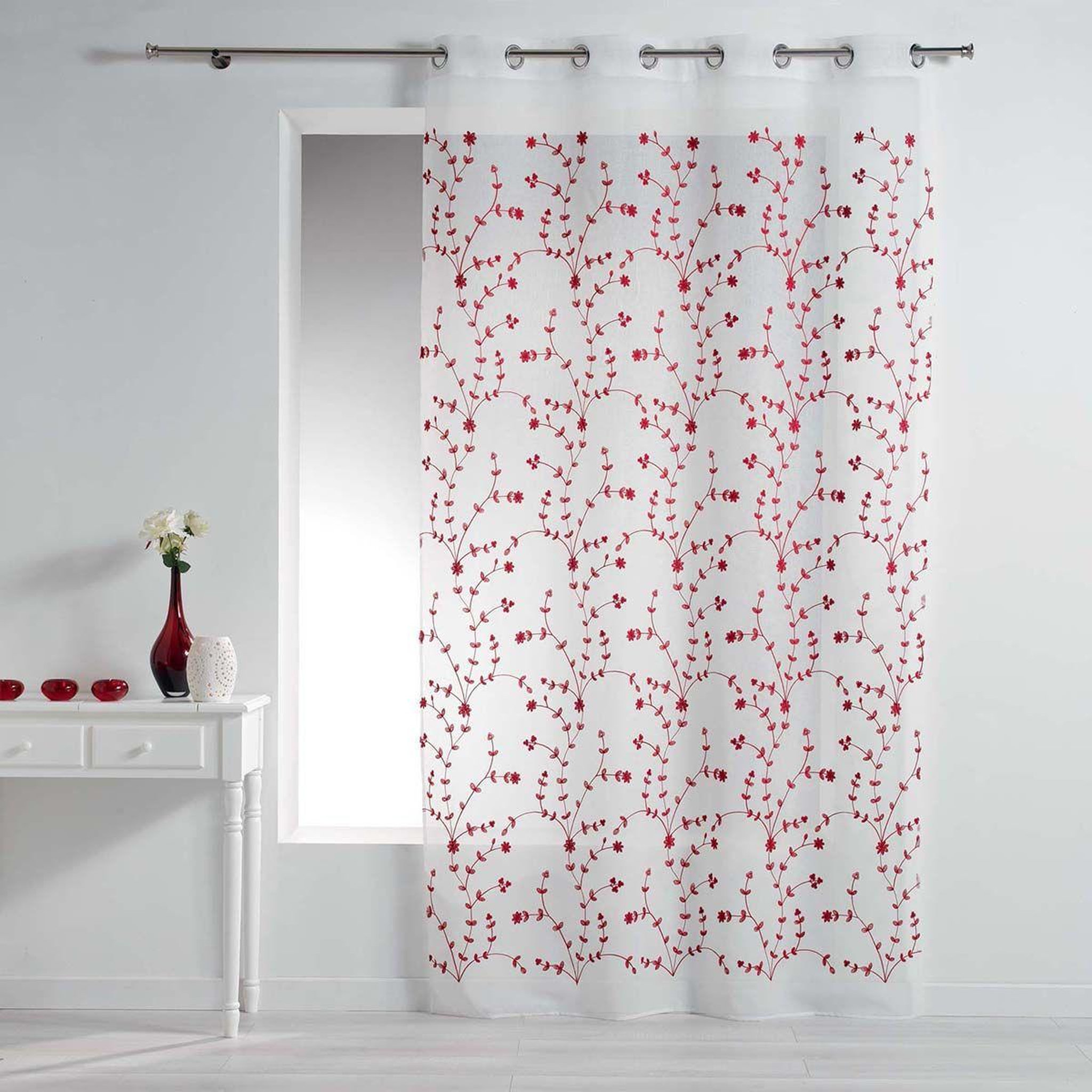 Douceur d'Intérieur Rideau voilage à œillets  petite fleur  140x240cm blanc & rouge