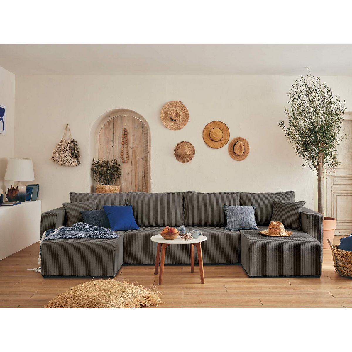 BEST MOBILIER Topaze - canapé panoramique en u - 7 places - convertible avec coffre - en velours côtelé