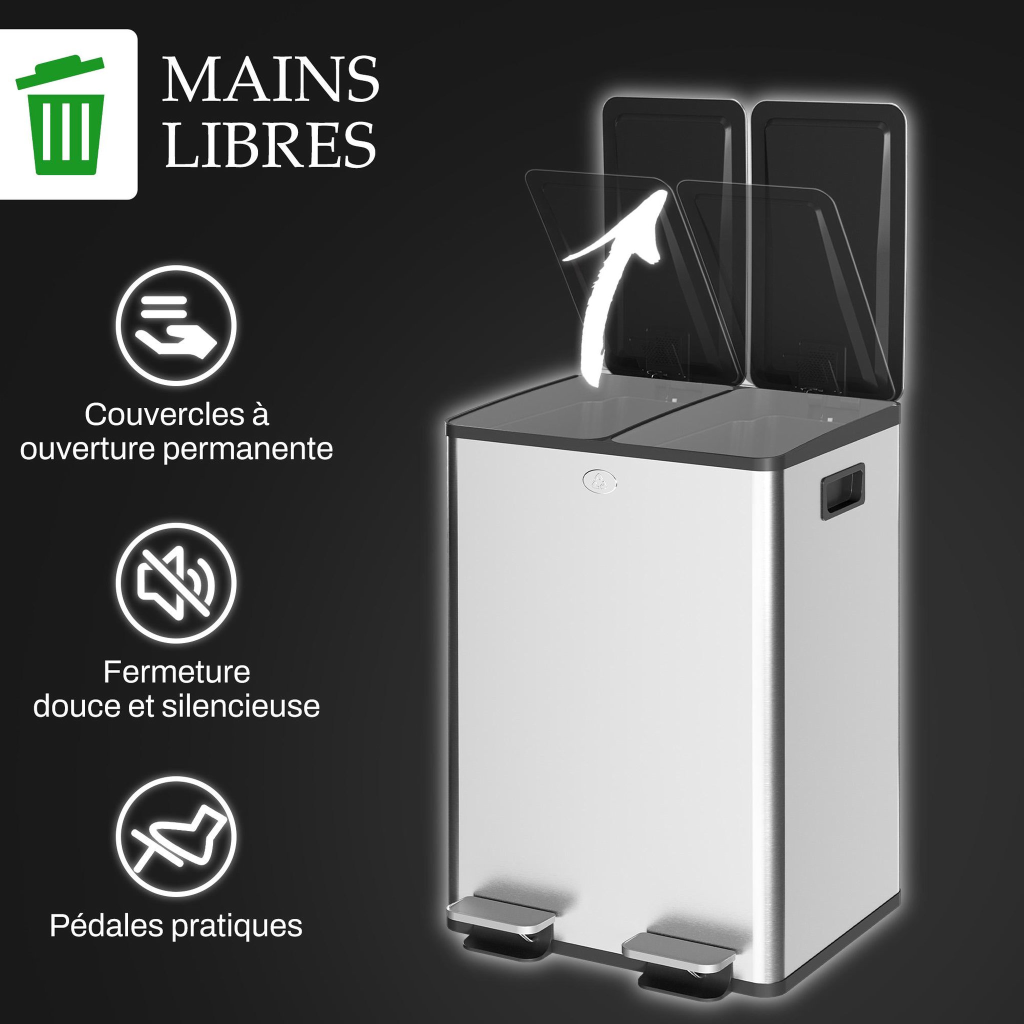 Voir la diapositive 6 : HOMCOM Poubelle de cuisine tri selectif 2 x 28l - poubelle à pédales - acier inox