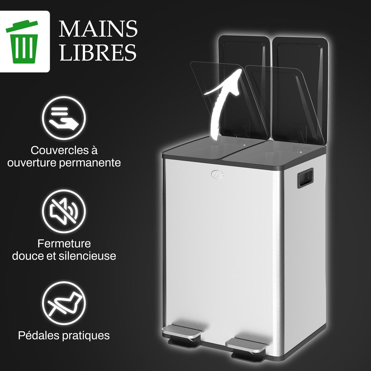 HOMCOM Poubelle de cuisine tri selectif 2 x 28L - poubelle à pédales - acier inox