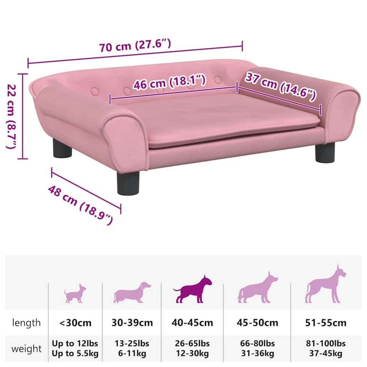 VIDAXL Lit pour chien rose 70x48x22 cm velours