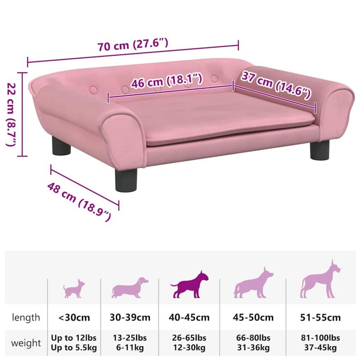 VIDAXL Lit pour chien rose 70x48x22 cm velours
