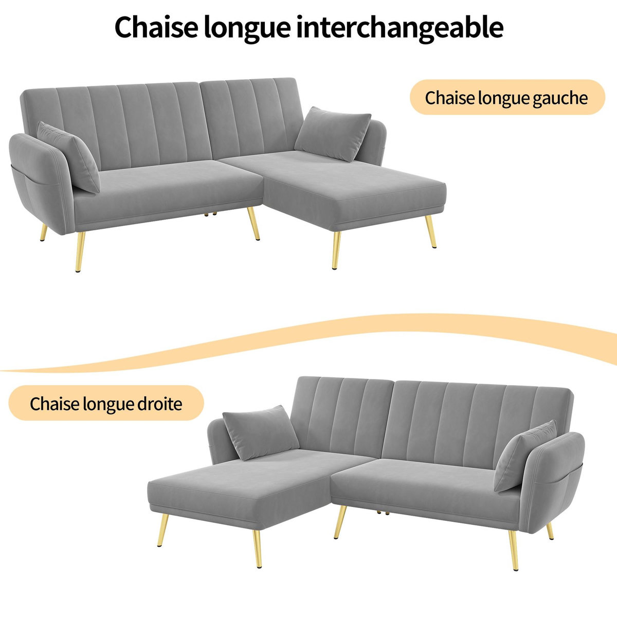 MERAX Canapé d'angle réversible convertible 3 pl velours