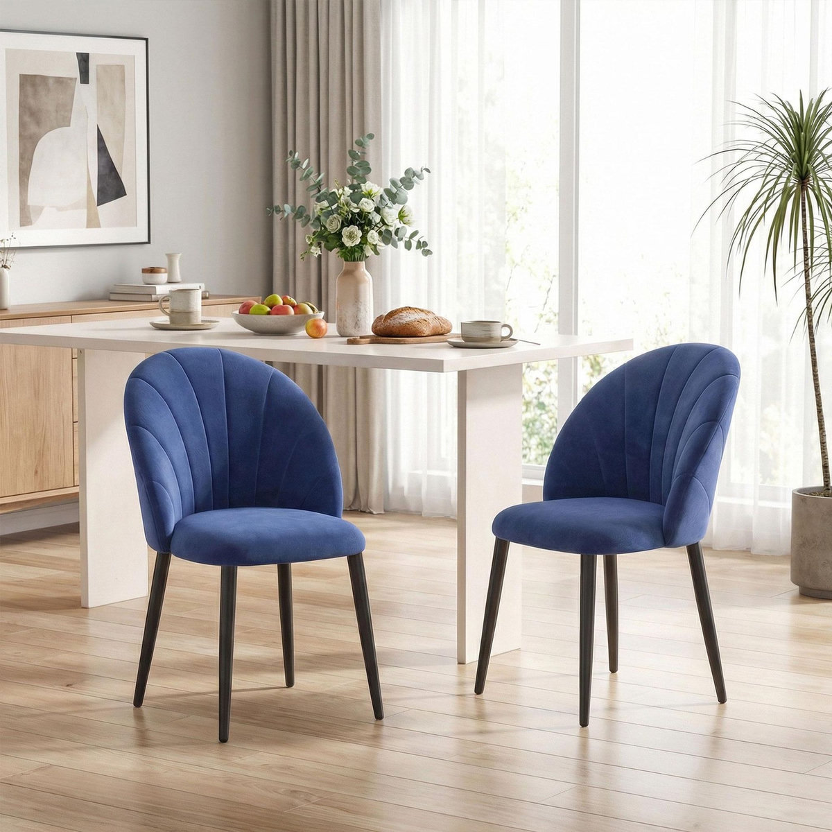 HOMCOM Lot de 2 chaises de salle à manger pieds en acier tissu velours bleu