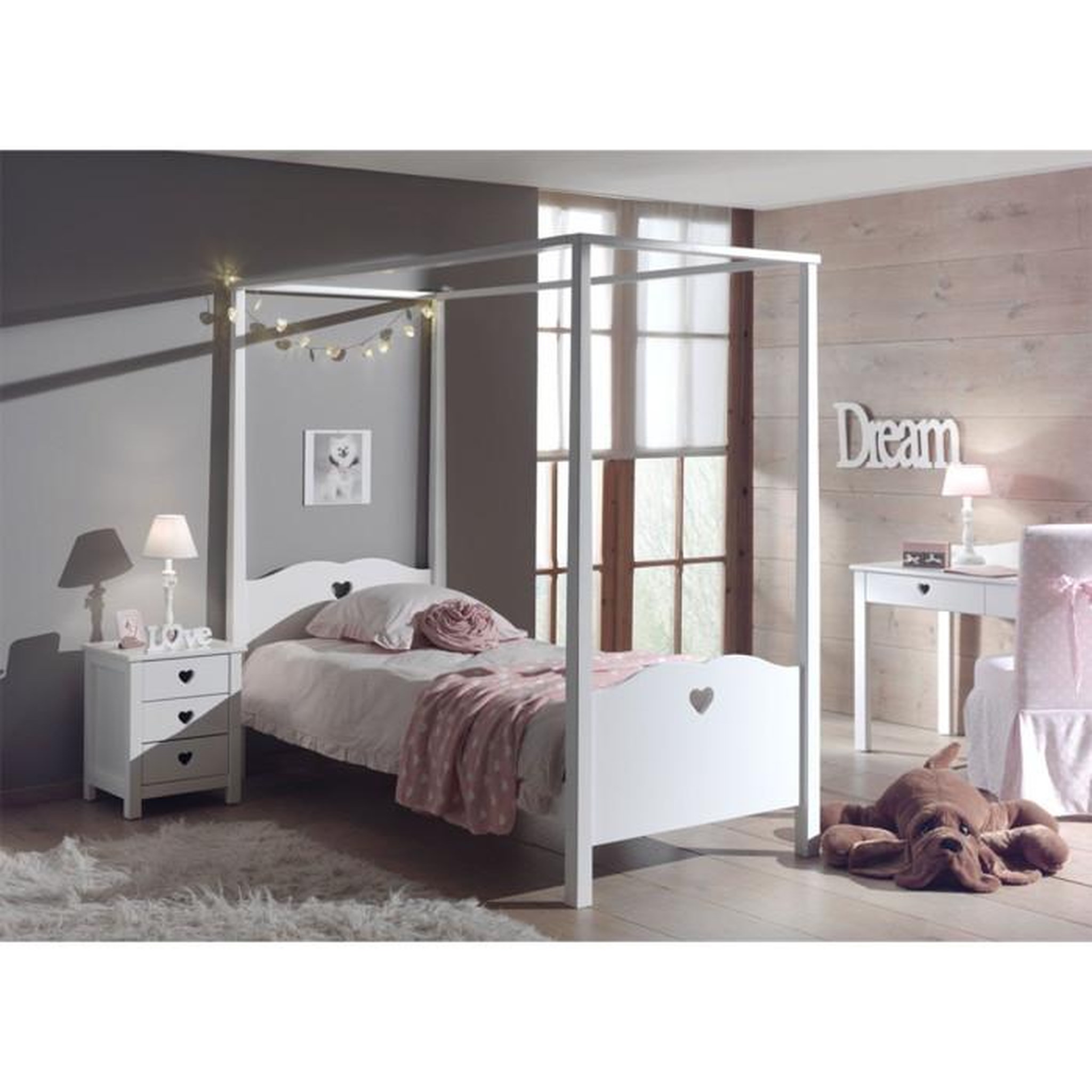 Paris Prix Pack - Lit à Baldaquin Enfant & Chevet  Amori  90x200cm Blanc