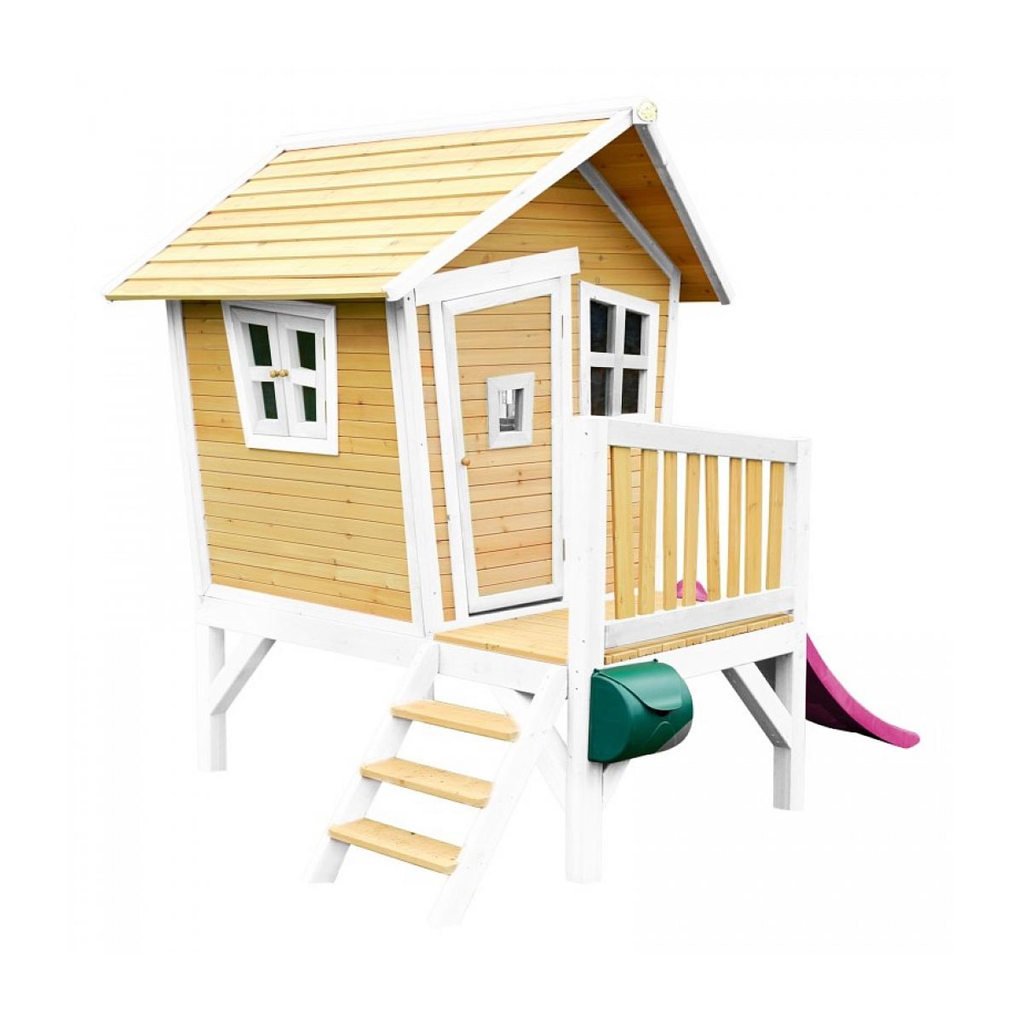 Voir la diapositive 2 : Axi House AXI Cabane enfant ROBIN Brun Blanc avec toboggan Violet