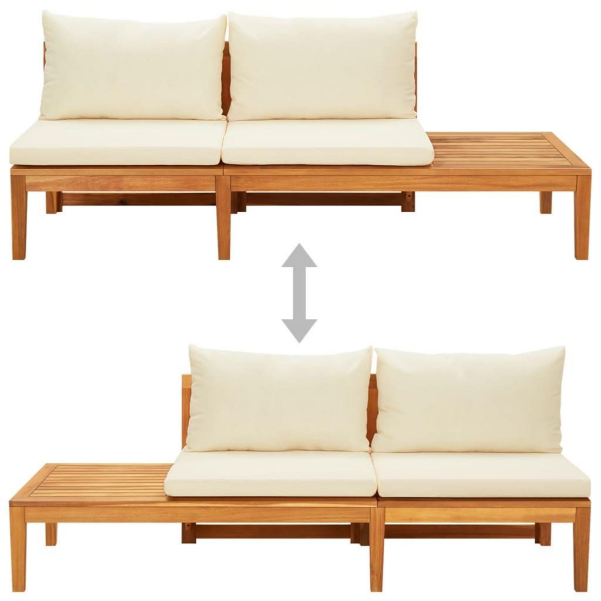 VIDAXL Banc de jardin avec table et coussins Blanc creme Teck solide