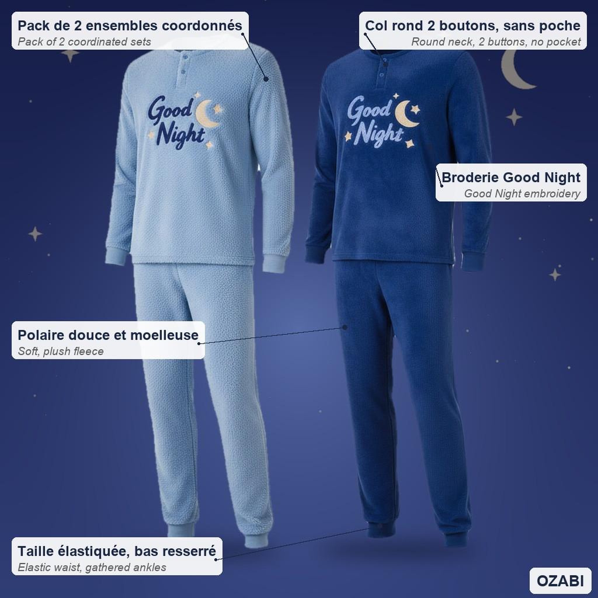 Voir la diapositive 5 : OZABI OZABI Pyjama Homme Pack de 2, Polaire Douce et Moelleuse, Broderie