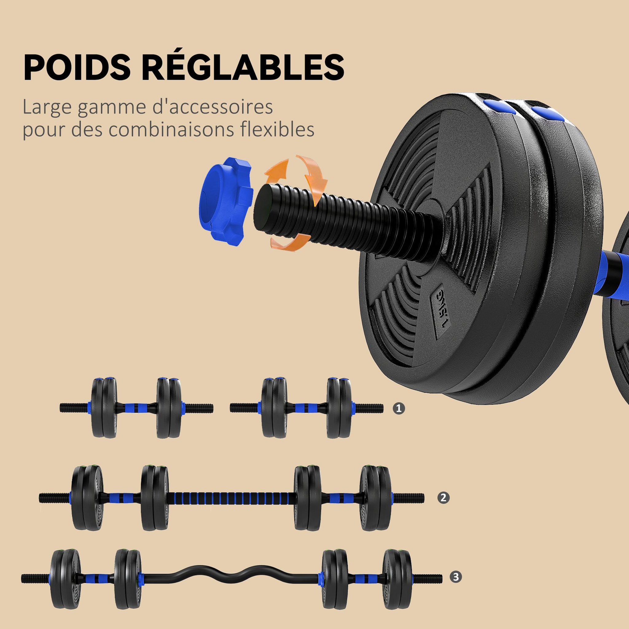 Voir la diapositive 5 : HOMCOM Ensemble d'haltères musculation multifonction 3 en 1 - haltères, olympic barre, curl ez barre - total 15kg - pvc bleu noir