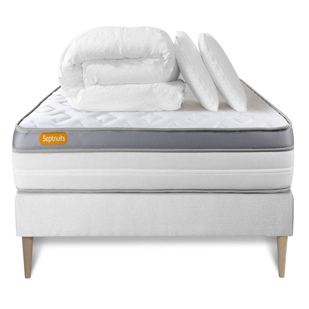 SEPTNUITS Pack matelas + sommier kit blanc Memo Zen Mousse à mémoire de forme MAXI épaisseur + Couette + 2 oreillers