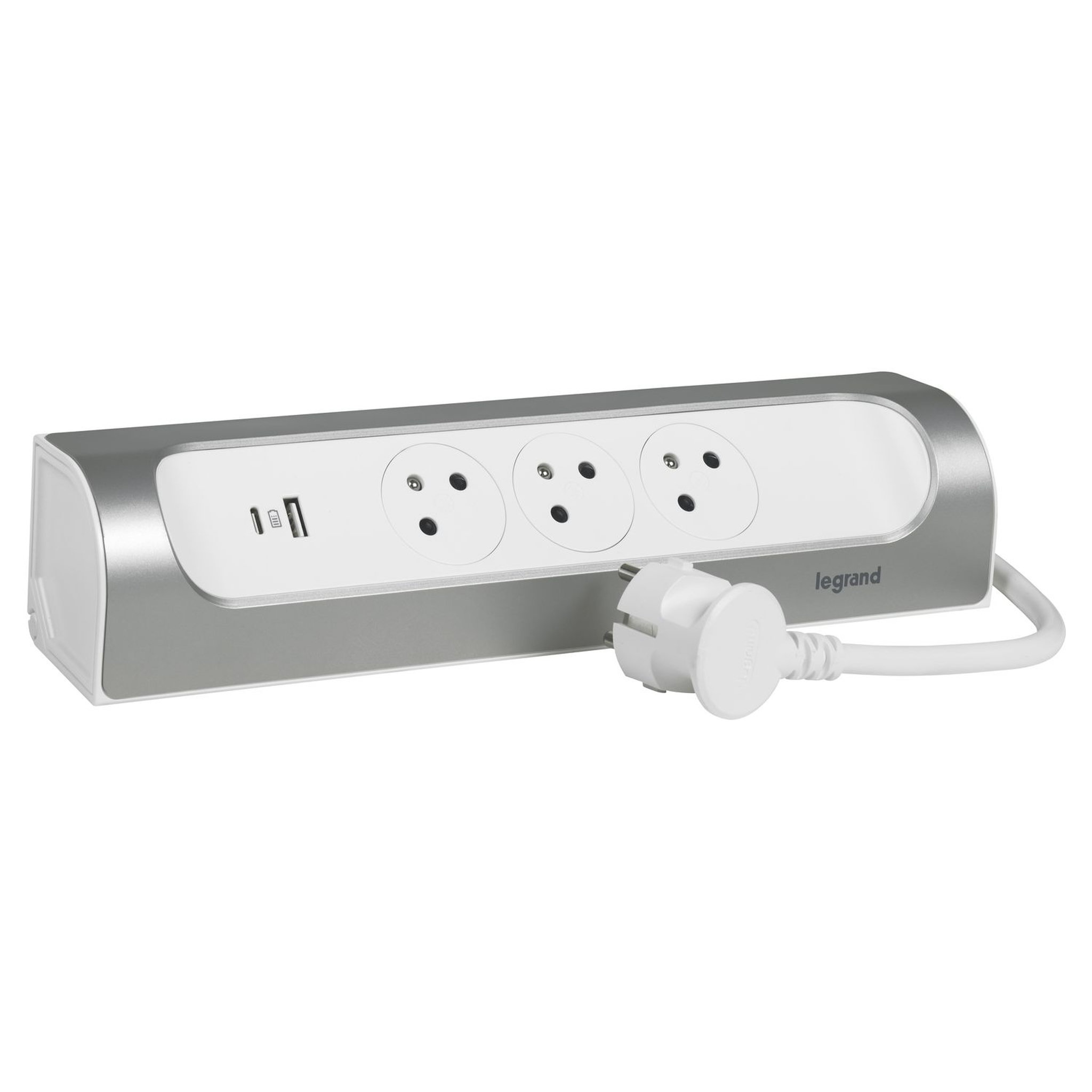 Voir la diapositive 2 : LEGRAND Rallonge d'angle 3x2P+T Surface et USB A+C avec cordon 1m - blanc/alu