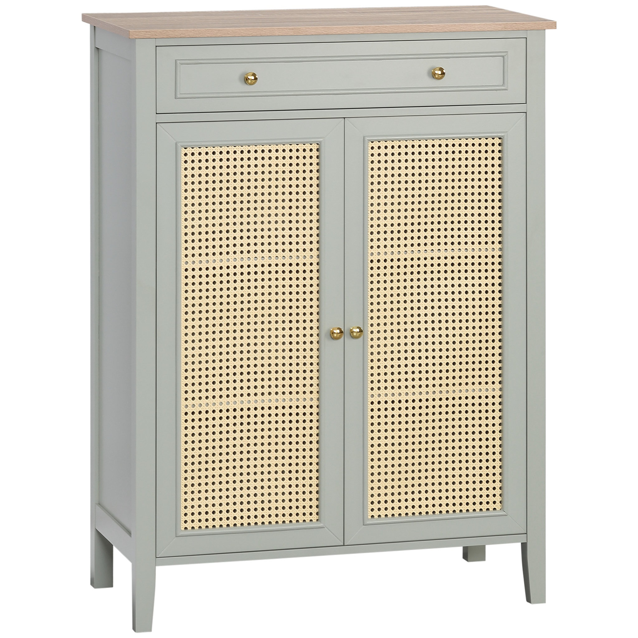 Voir la diapositive 1 : HOMCOM Meuble à chaussures style bohème chic - 2 portes 2 étagères réglables tiroir - MDF vert d'eau aspect chêne clair rotin
