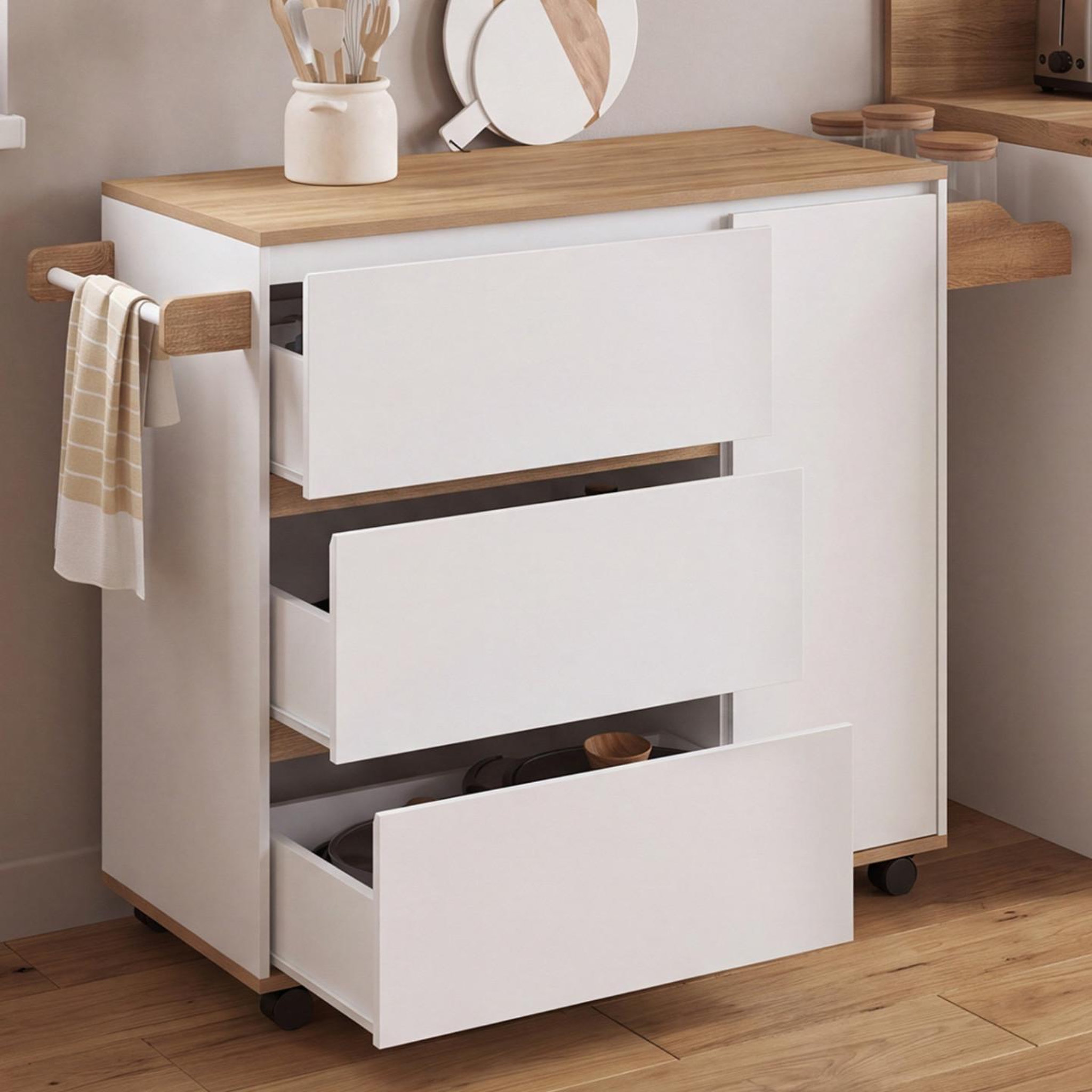 Voir la diapositive 2 : ID MARKET Desserte de cuisine comi xxl avec 3 tiroirs casserolier et placard blanc et plateau façon hêtre l. 90 cm