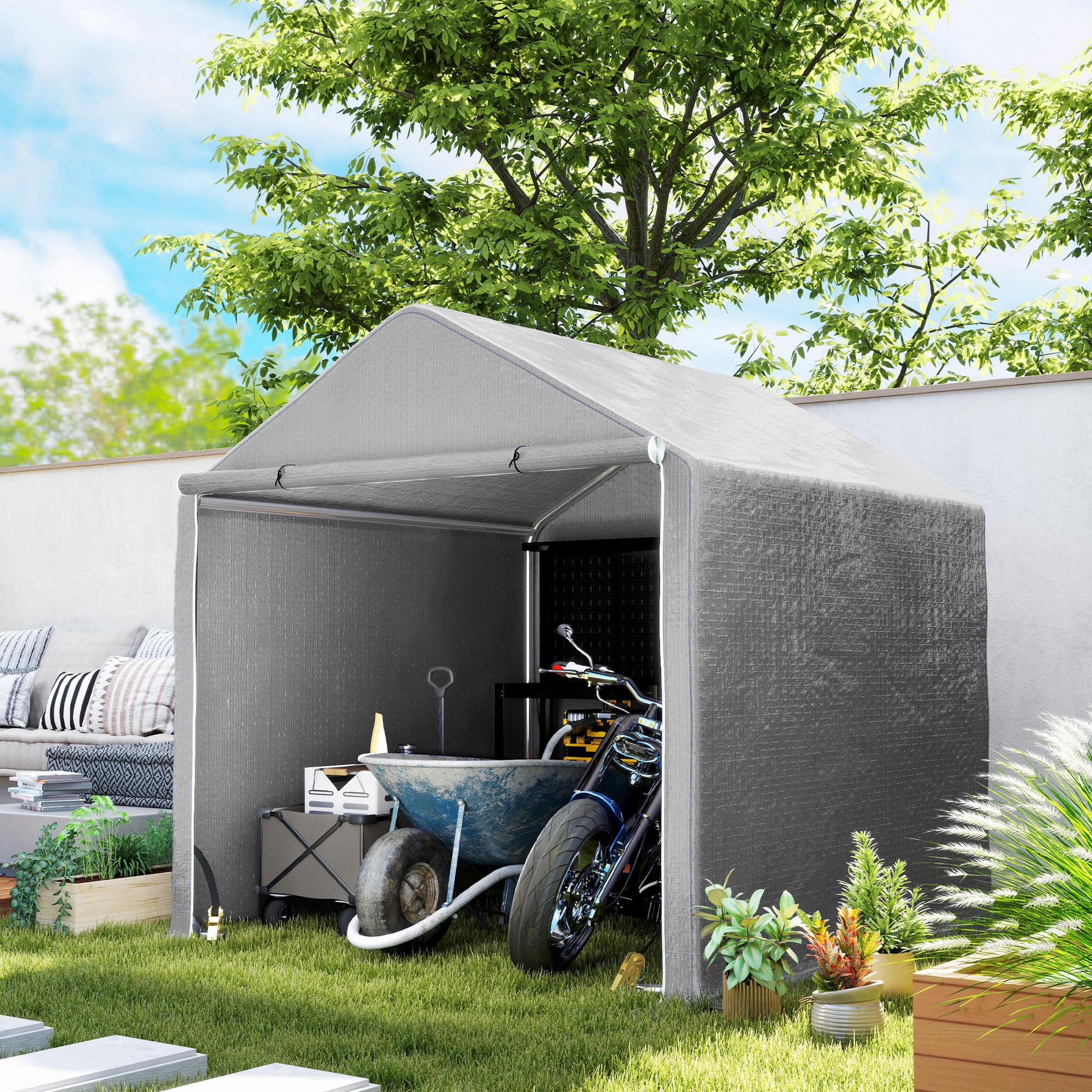Voir la diapositive 2 : OUTSUNNY Abri de jardin rangement extérieur en PE résistant aux UV gris dim. 2L x 2l x 2H m