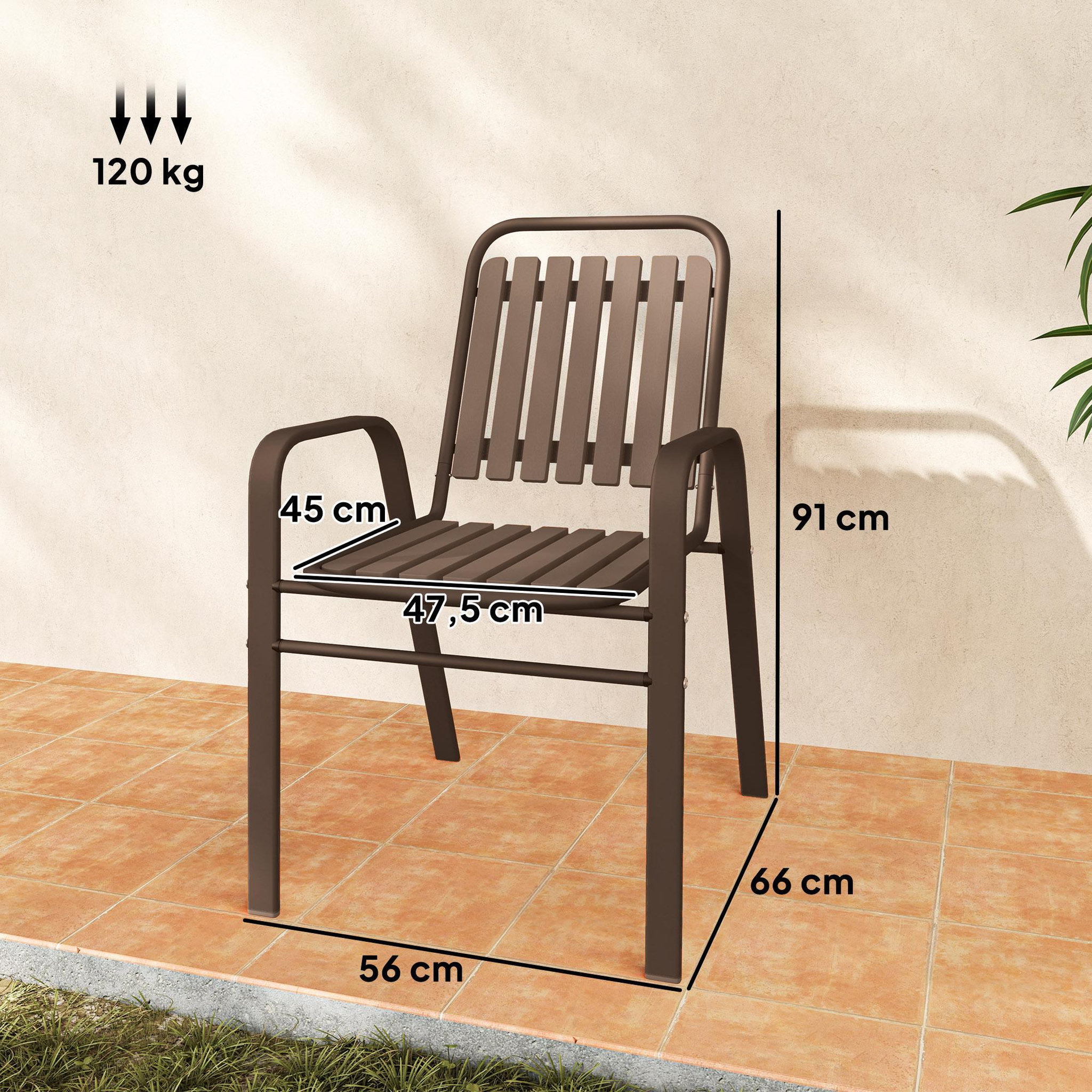 Voir la diapositive 3 : OUTSUNNY Lot de 4 chaises de jardin empilables design néo-rétro avec hauts dossiers accoudoirs acier époxy PP marron