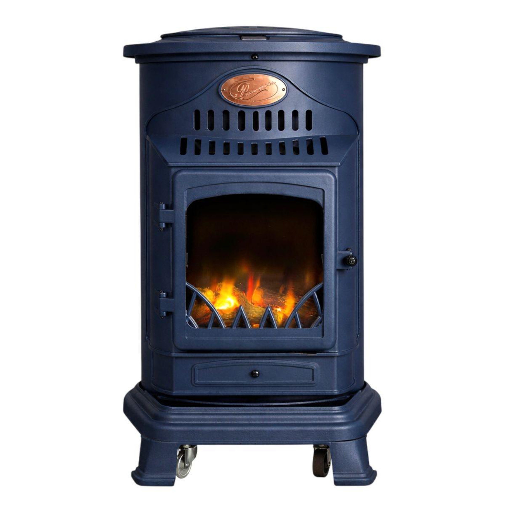 SAHARA Poêle à gaz 3,4kw fonte véritable – chauffage d'appoint design bleu saphir mat - effet feu de bois, sur roues provence sahara