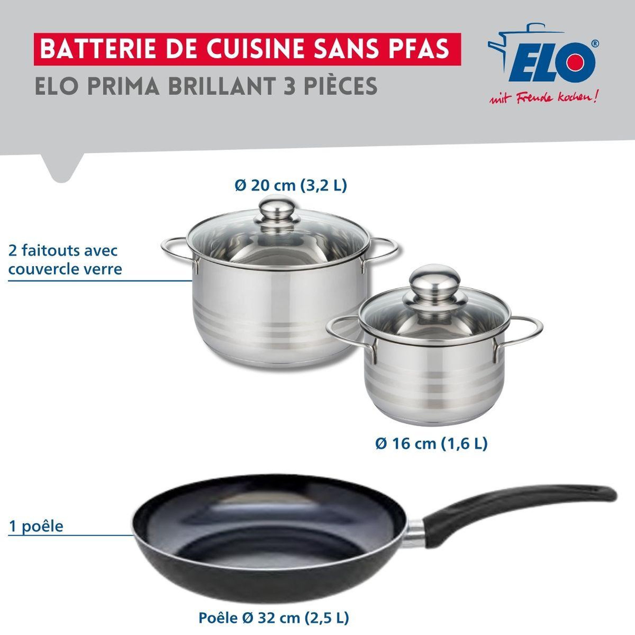 Voir la diapositive 2 : ELO Ensemble de 1 poêle de cuisson 32 cm et 2 faitouts 16 et 20 cm elo prima brillant