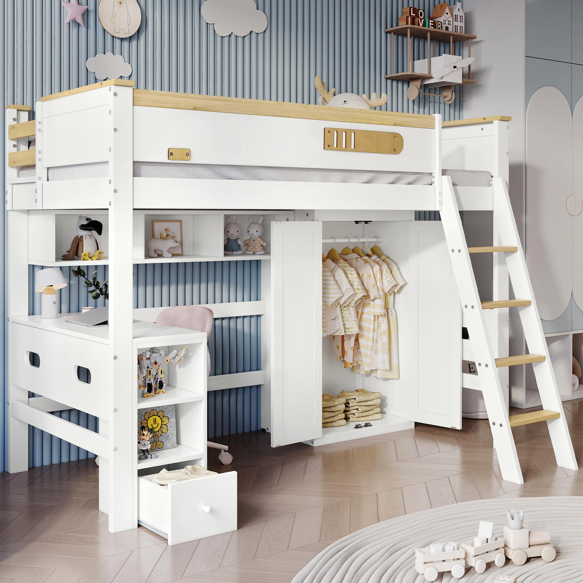 Voir la diapositive 4 : MERAX Lit combiné enfant 90x200cm bois et mdf coloris blanc+naturel