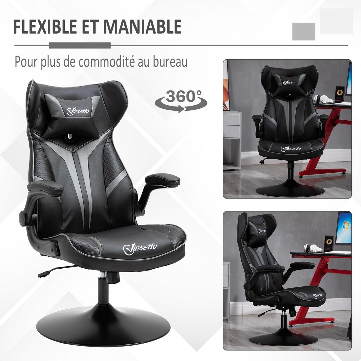 VINSETTO Fauteuil gaming base ronde métal pivotante 360° hauteur réglable tétière accoudoirs relevables PVC gris noir