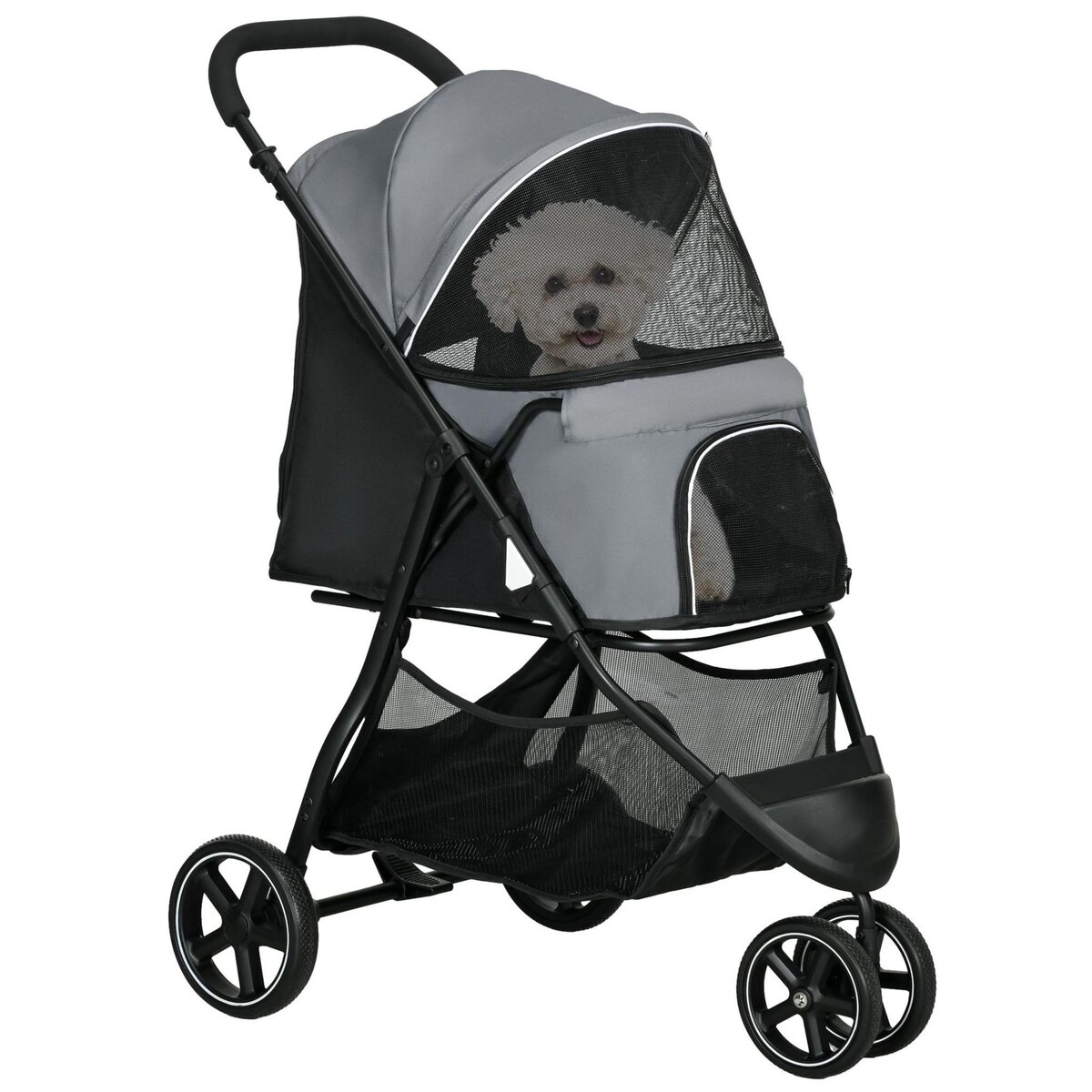 PAWHUT Poussette buggy pliable pour chien chat - 2 attaches, guidon réglable, panier - acier oxford gris