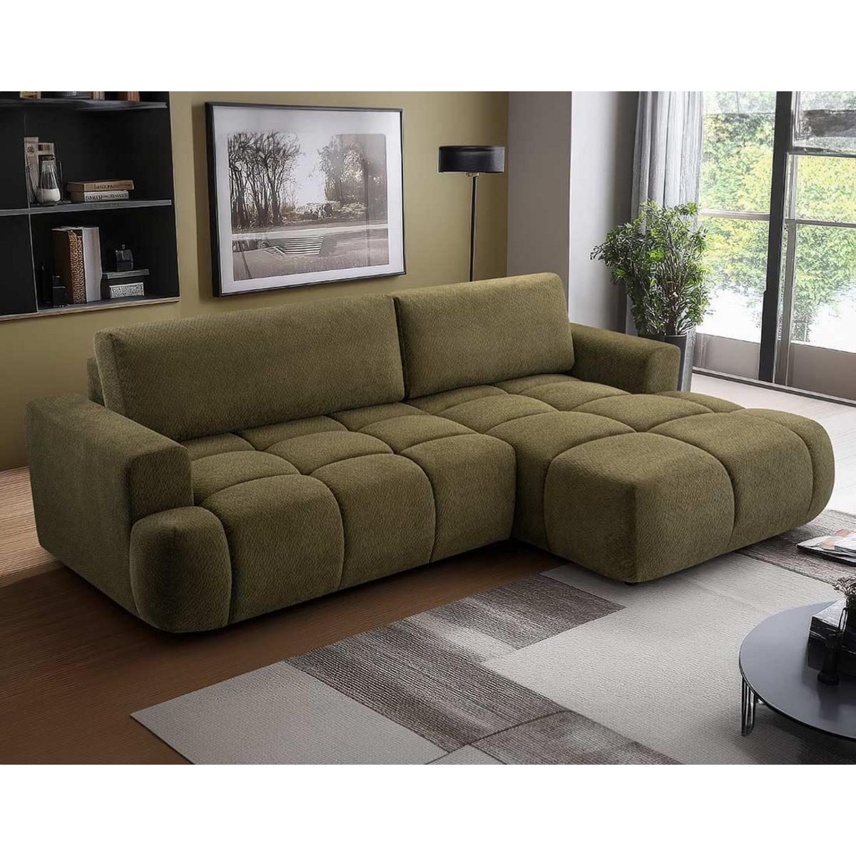 BEST MOBILIER Leonie - canapé d'angle droit 4 places convertible avec coffre en velours texturé
