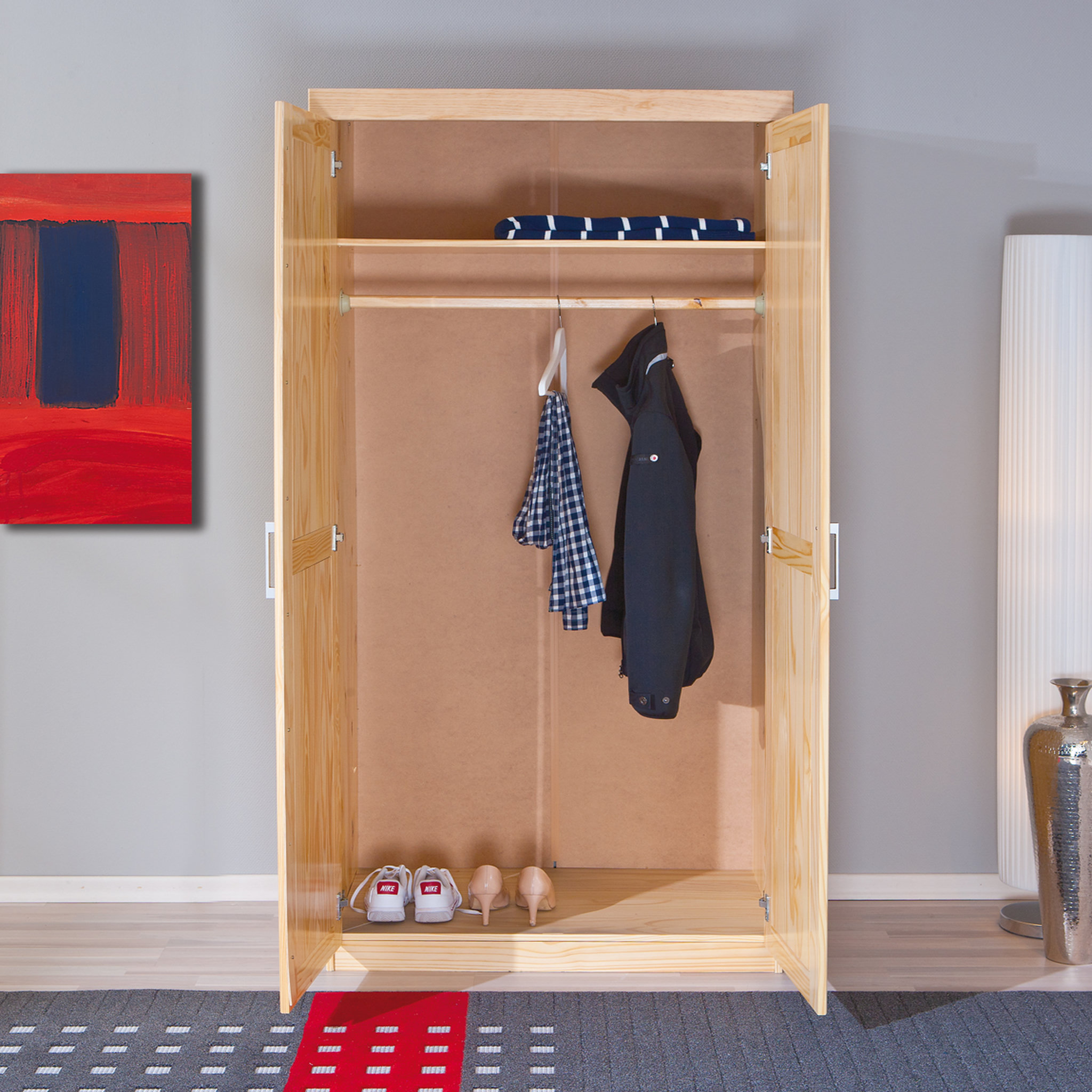 Voir la diapositive 3 :  Armoire de chambre 2 portes avec penderie pin massif naturel ULLI