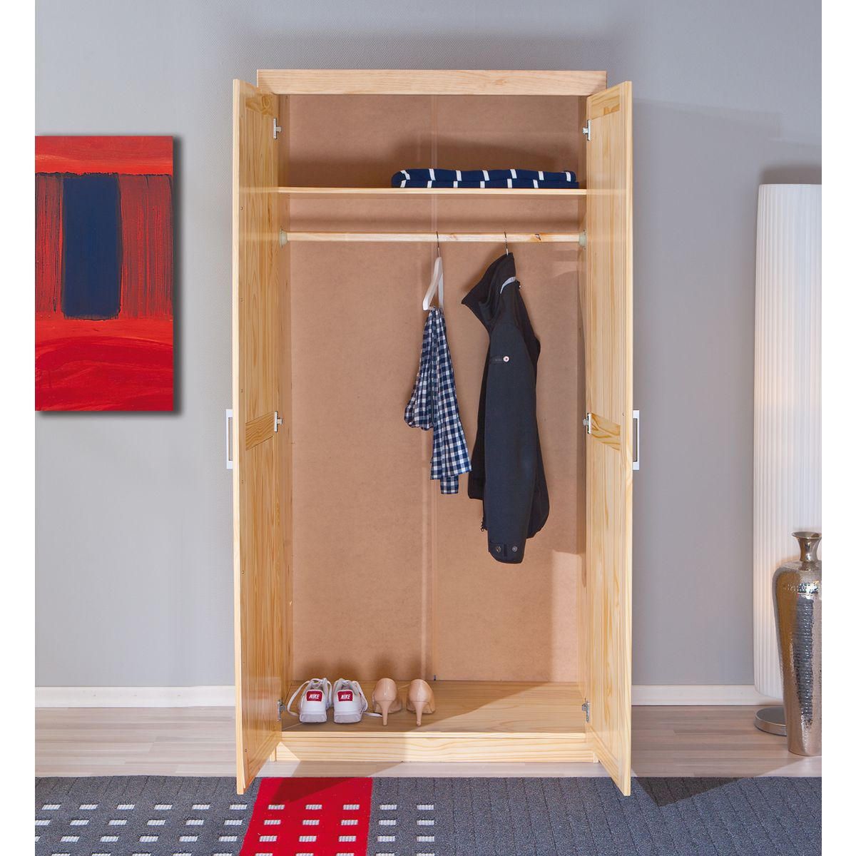  Armoire de chambre 2 portes avec penderie pin massif naturel ULLI