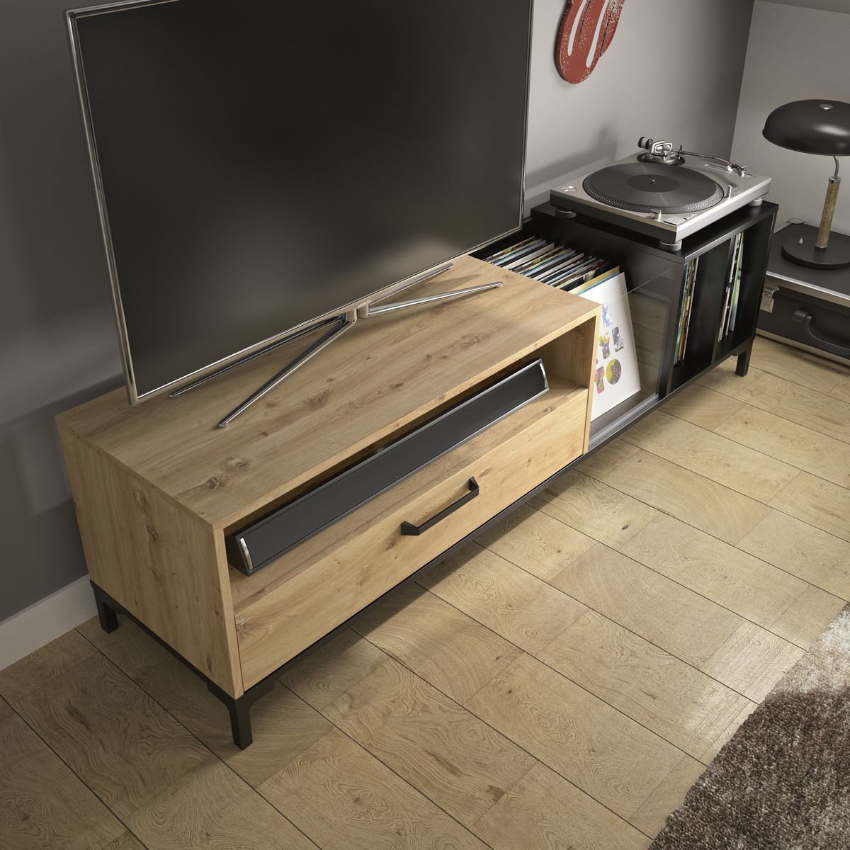 GAMI Meuble TV avec rangement vinyles + 1 tiroir FERRET