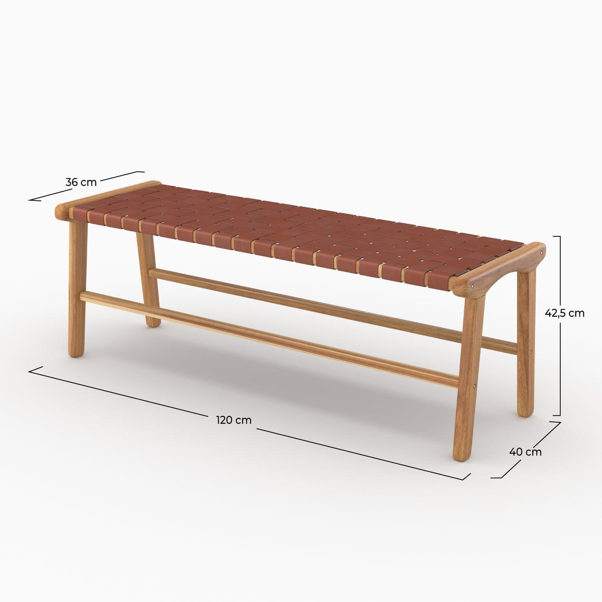 Voir la diapositive 4 : MAISON PAVANE Banc 120 cm en cuir tressé marron et bois de teck-kuna