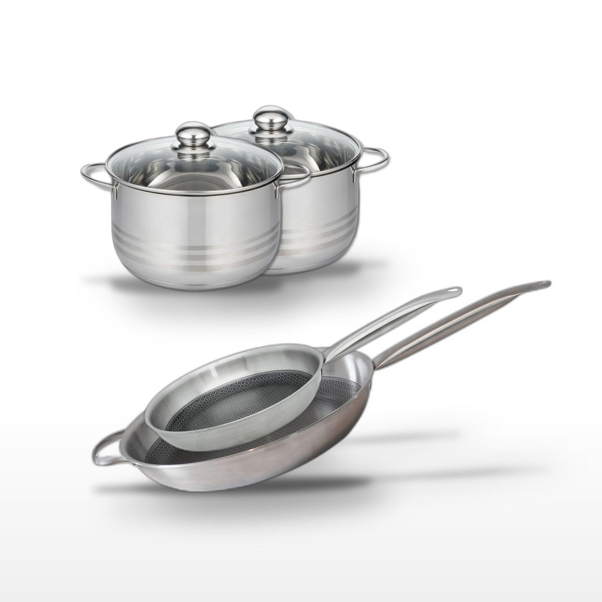 ELO Batterie de cuisine avec 2 faitouts 20/24 cm et 2 poêles de cuisson 28/32 cm en inox et acier sans PFAS Elo Collection Relief Solution Brillant