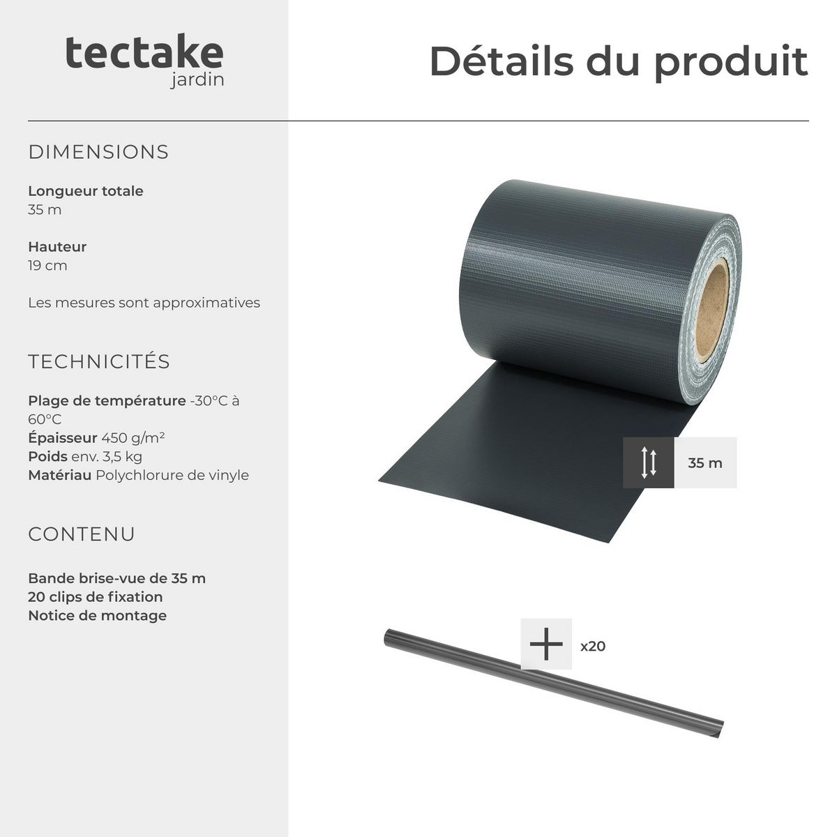 tectake Bandes brise-vue PVC pour clôtures à barreaux simples et doubles gris anthracite
