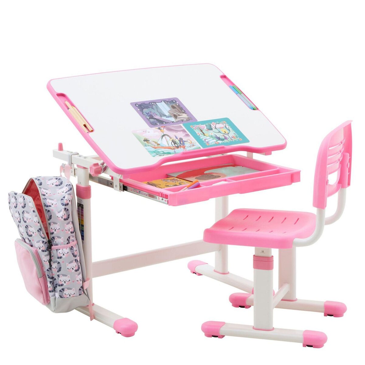 IDIMEX Ensemble bureau et chaise pour enfant TUTTO table et chaise réglable en hauteur, pupitre inclinable, métal blanc et plastique rose