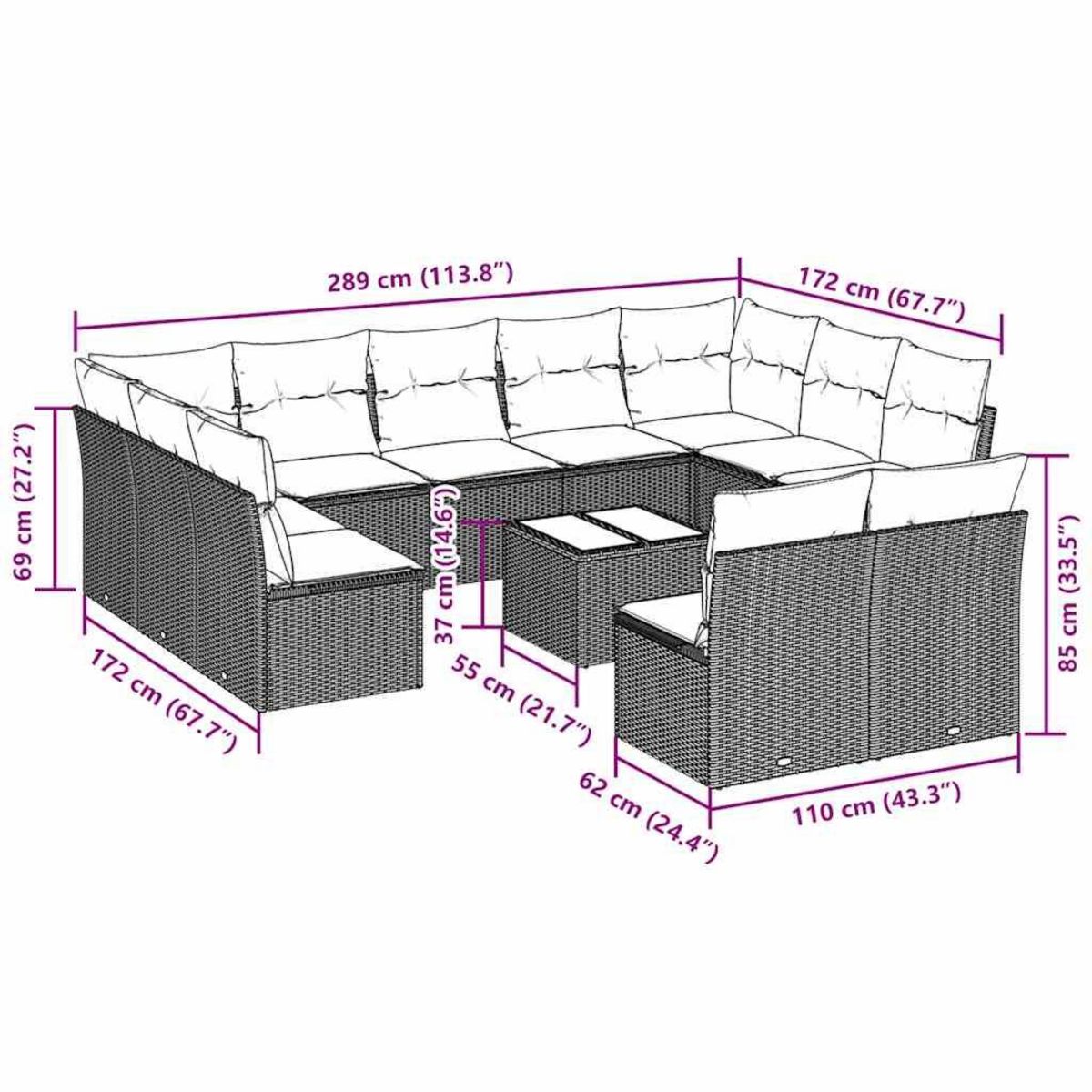 VIDAXL Salon de jardin avec coussins 12 pcs gris clair resine tressee