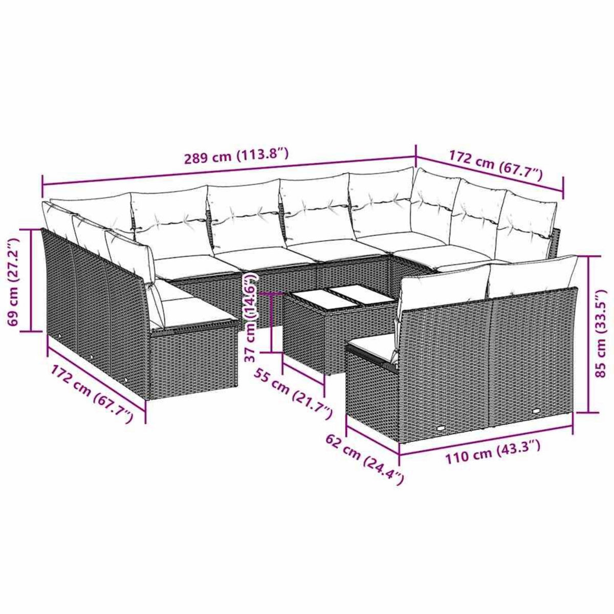 VIDAXL Salon de jardin avec coussins 12 pcs gris clair resine tressee