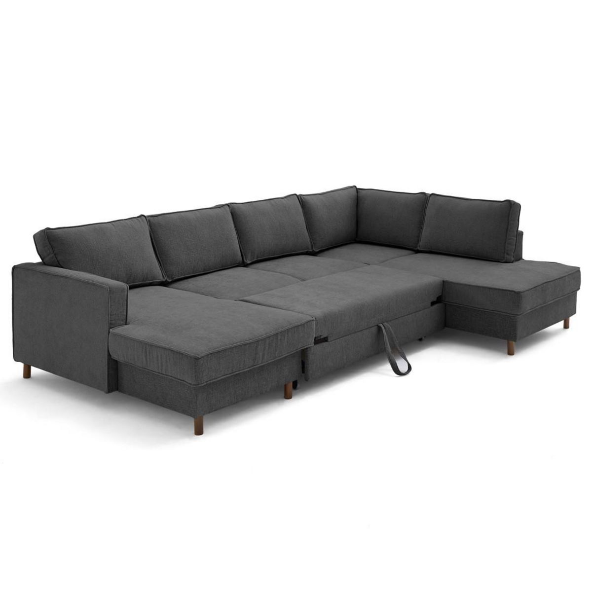 LISA DESIGN Jake - canapé panoramique d'angle droit 7 places convertible avec coffre en tissu velours relief