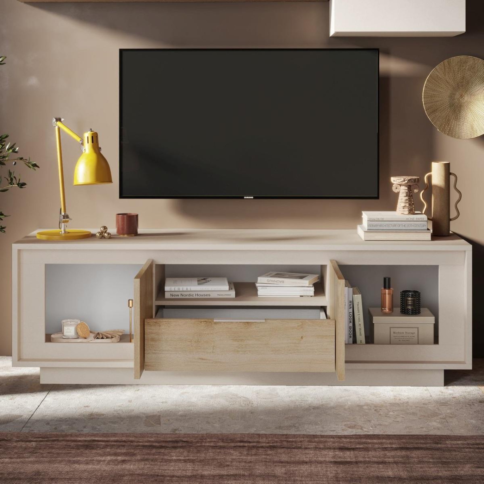 Voir la diapositive 4 : JLC KREATION Meuble tv contemporain 180cm beige et bois clair yori