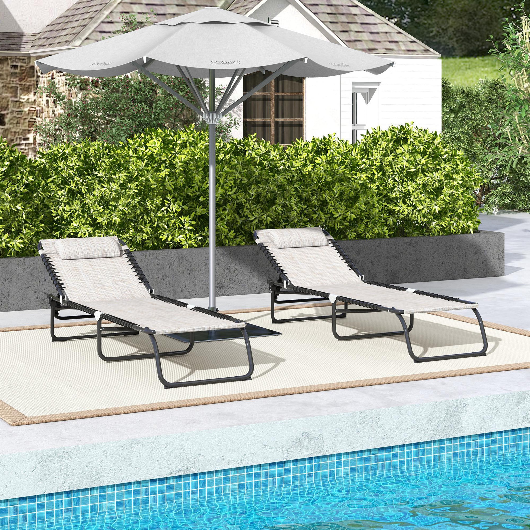 Voir la diapositive 4 : OUTSUNNY Lot de 2 bains de soleil transats pliables inclinables acier lacets élastiques noir textilène crème