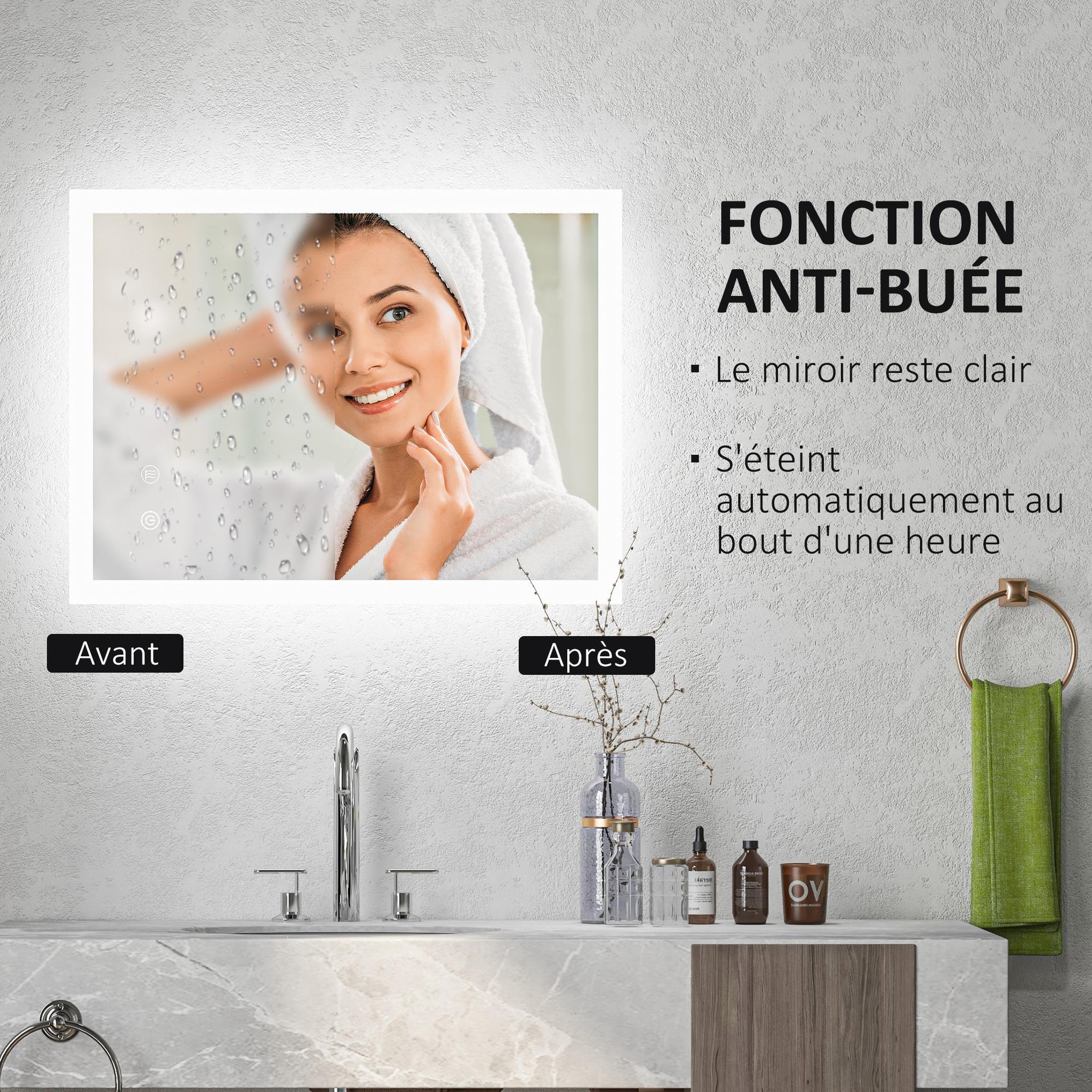 Voir la diapositive 6 : KLEANKIN Miroir mural lumineux led de salle de bain - 80 x 60 cm - avec 3 couleurs, luminosité réglable interrupteur tactile système antibuée transparent