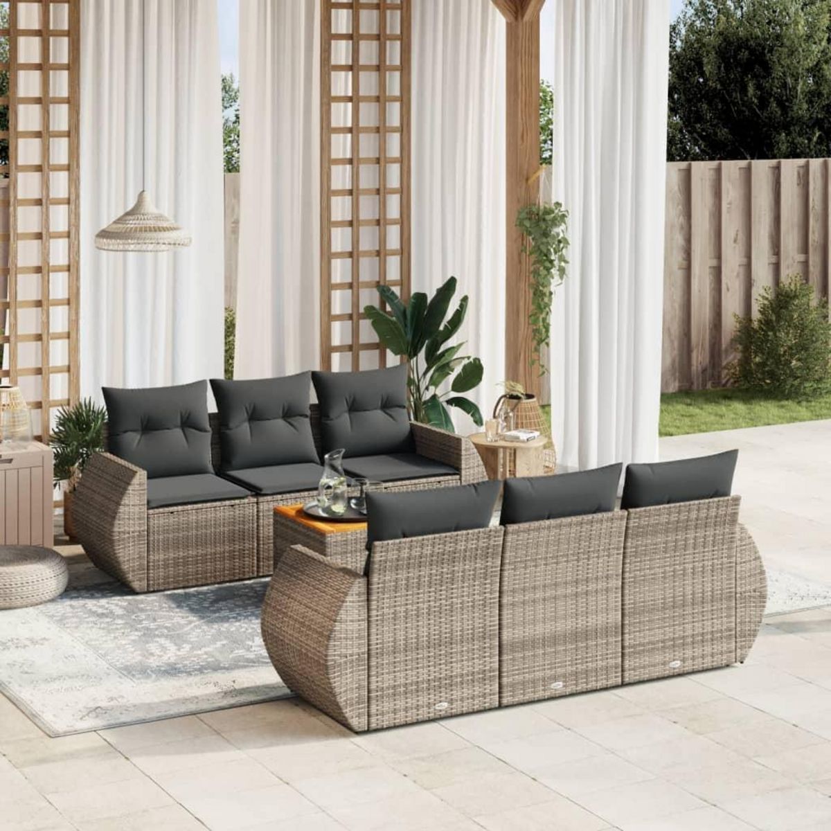 VIDAXL Salon de jardin avec coussins 7 pcs gris resine tressee