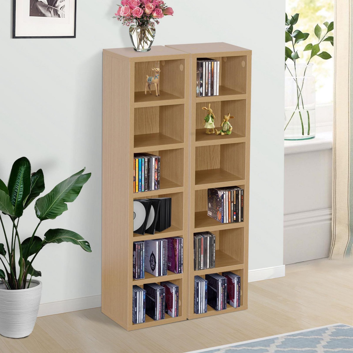 HOMCOM Lot de 2 étagères colonnes armoire de rangement CD-DVD 6 + 6 compartiments dim. 21L x 19l x 88H cm capacité max. 204 CD coloris hêtre