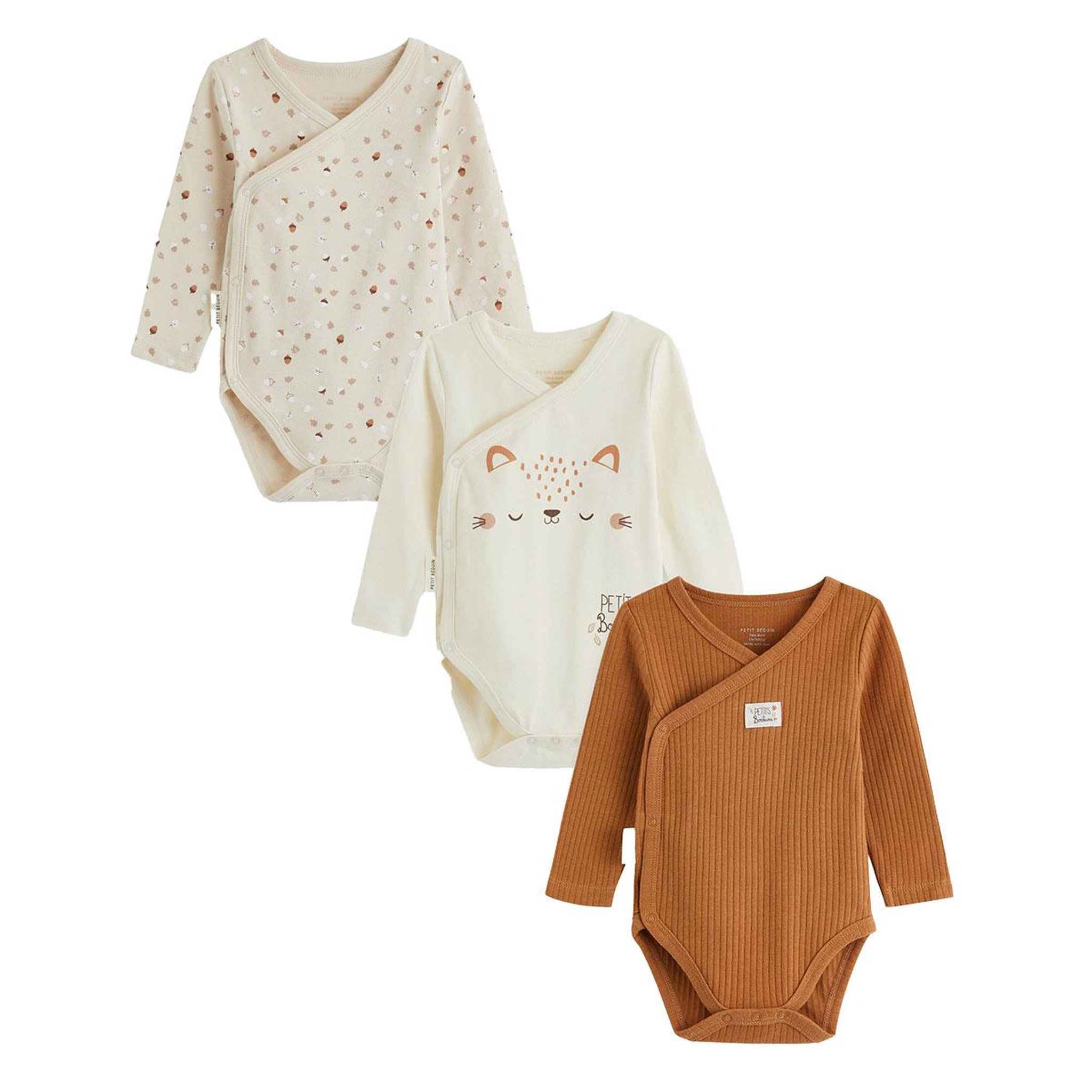 PETIT BEGUIN Lot de 3 bodies bébé manches longues ouverture croisée caramel. Coloris disponibles : Marron