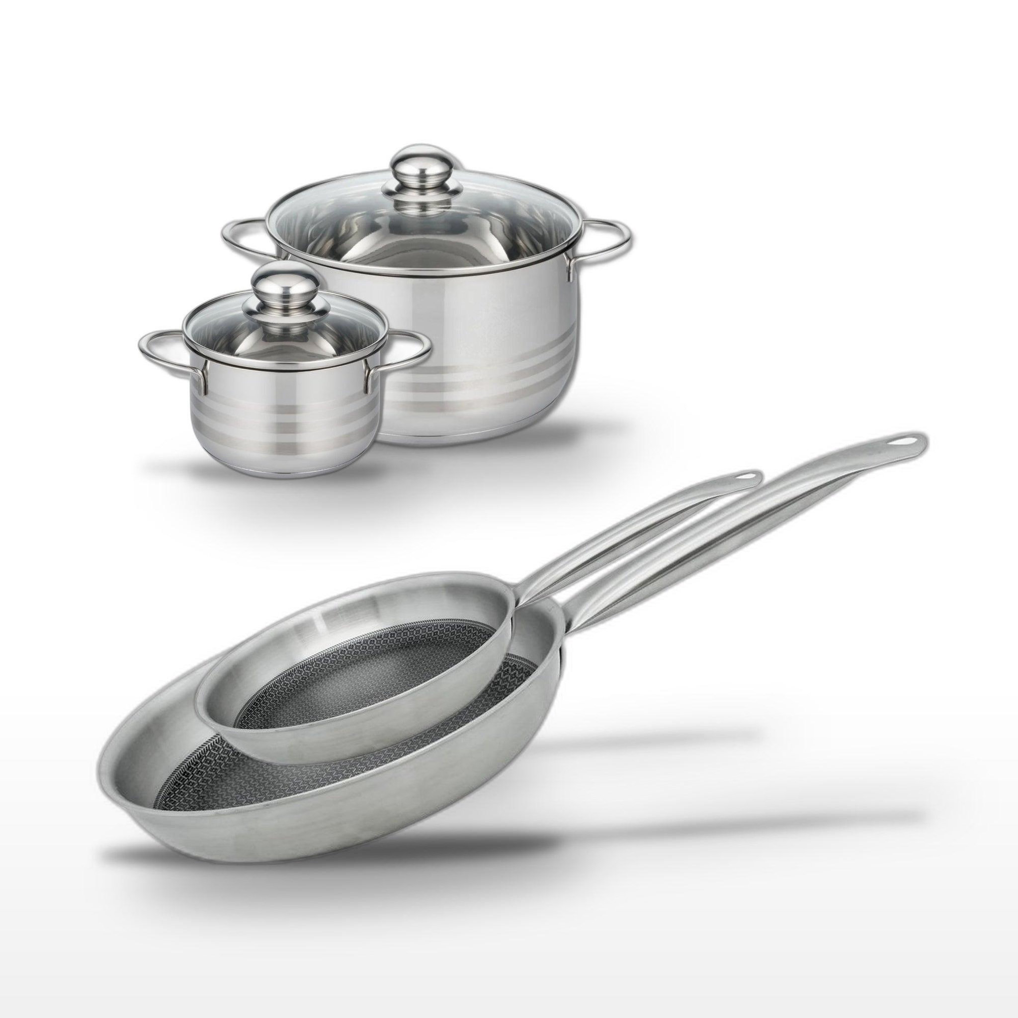 ELO Batterie de cuisine avec 2 poêles 24/28 cm et 2 faitouts 14/20 cm en inox et acier sans pfas elo collection relief solution brillant
