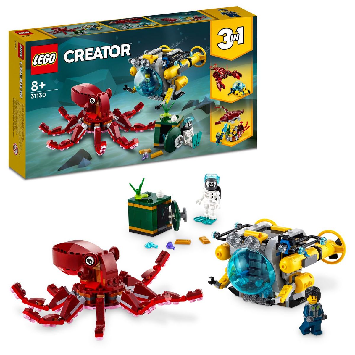LEGO Creator 3 en 1 31130 La Mission du Trésor Englouti, Jouet d'Exploration Sous-Marine