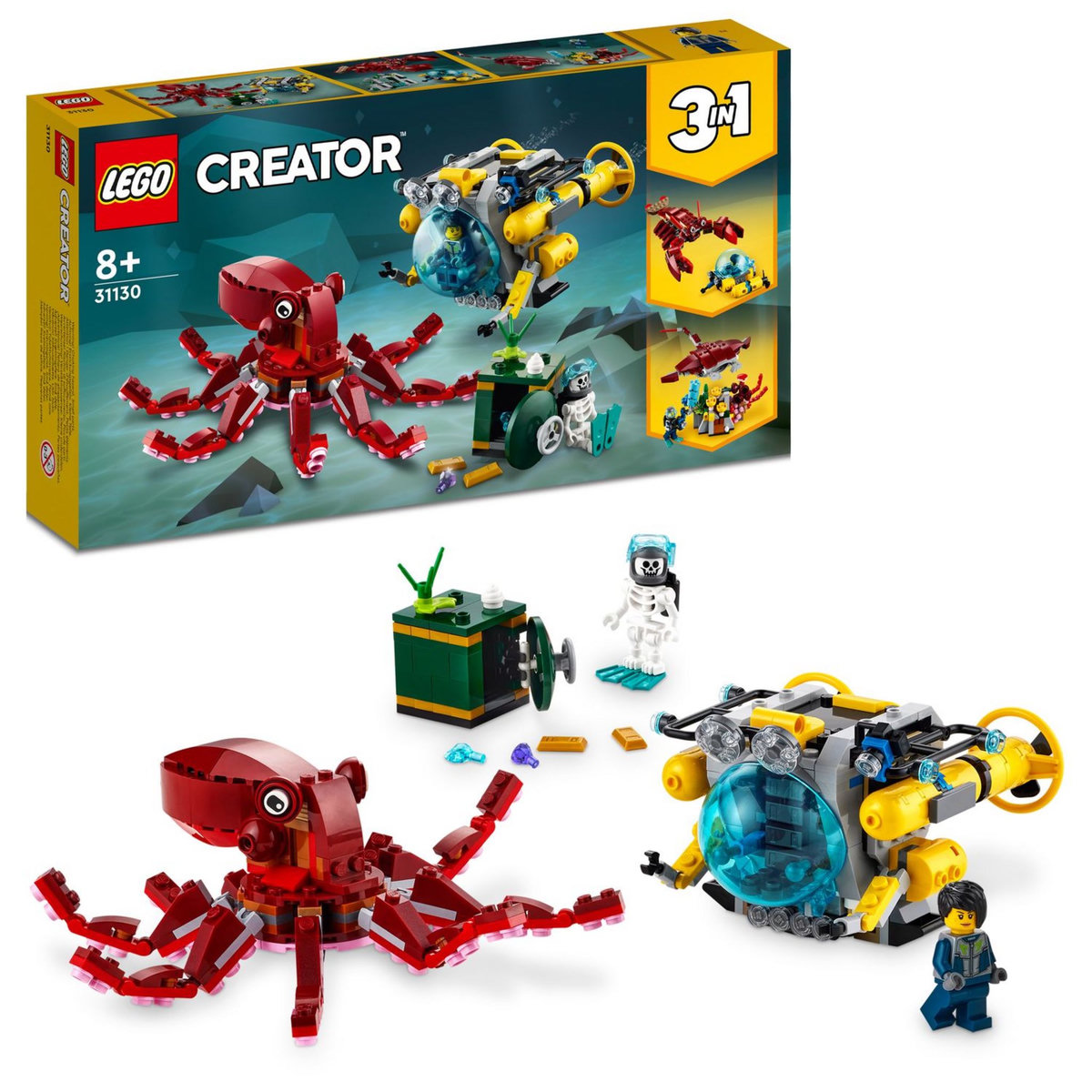 LEGO Creator 3 en 1 31130 La Mission du Trésor Englouti, Jouet d'Exploration Sous-Marine