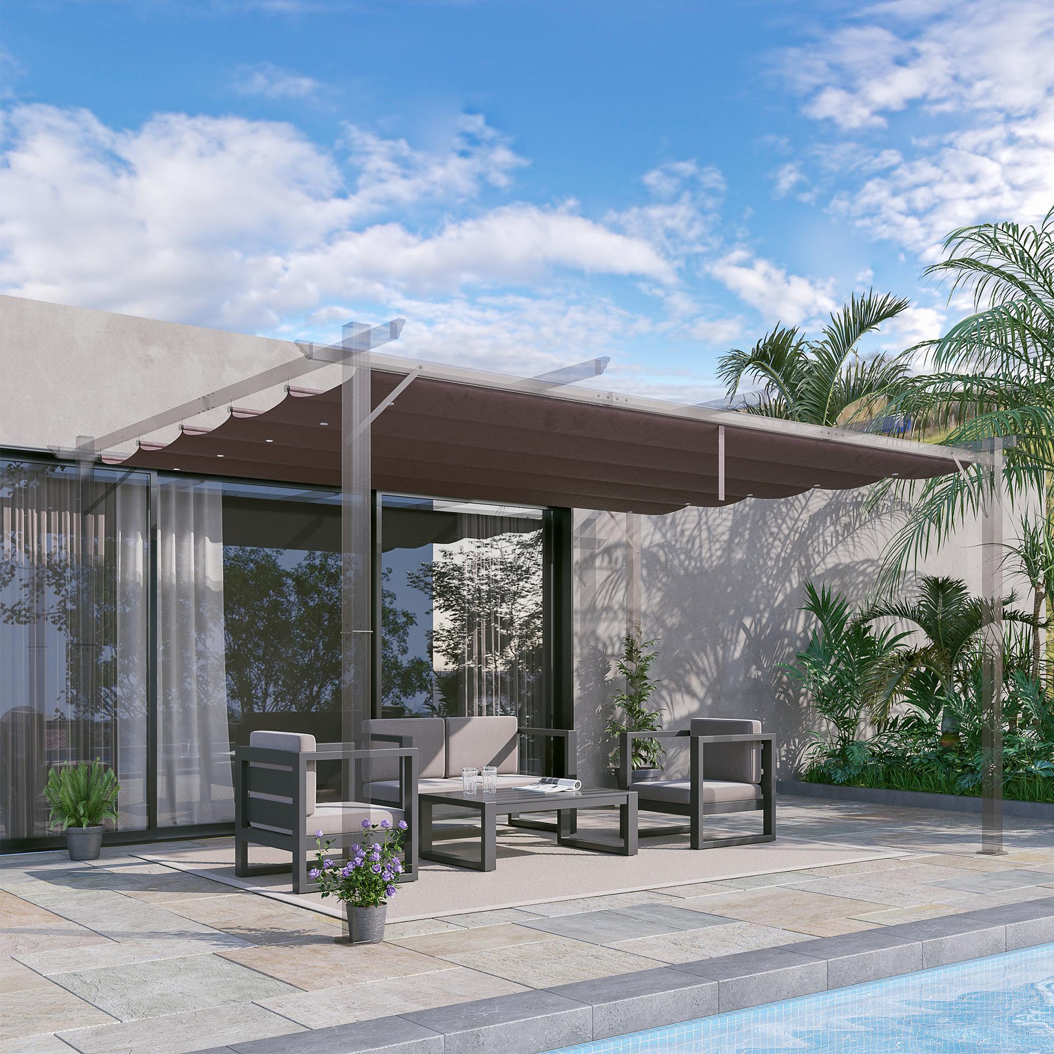 Voir la diapositive 2 : OUTSUNNY Toile de rechange pour pergola rétractable 4 x 3 m polyester haute densité 180 g/m² imperméabilisé chocolat