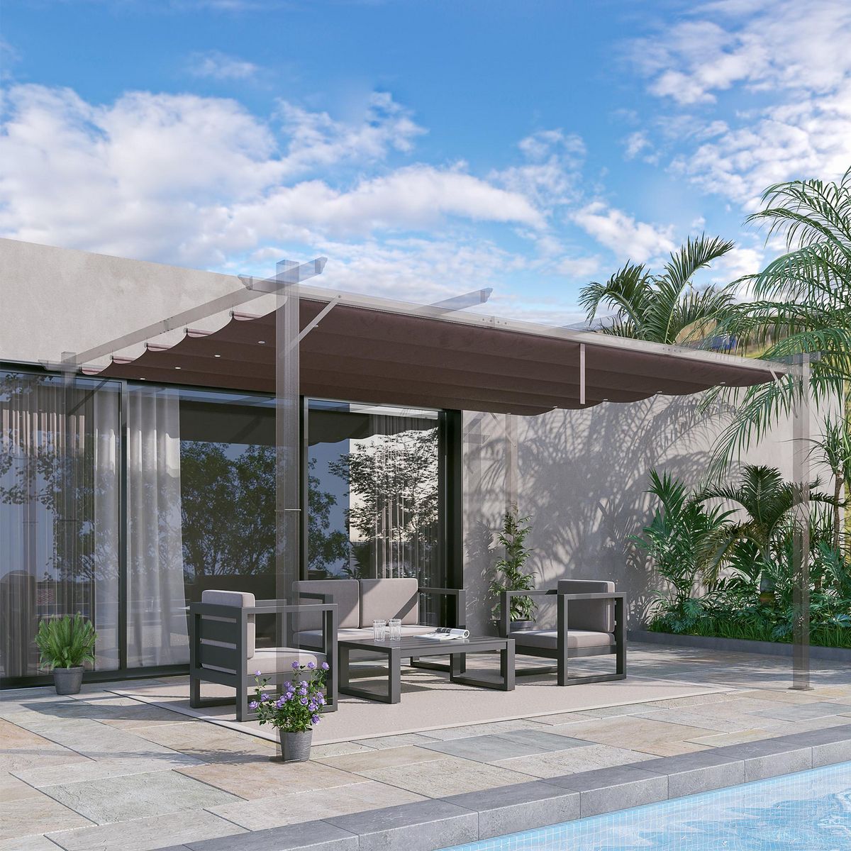 OUTSUNNY Toile de rechange pour pergola rétractable 4 x 3 m polyester haute densité 180 g/m² imperméabilisé chocolat