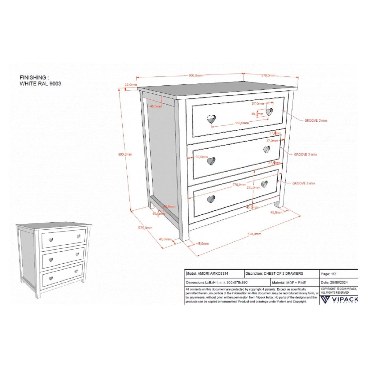 Vipack Amori Commode plan à langer Blanc