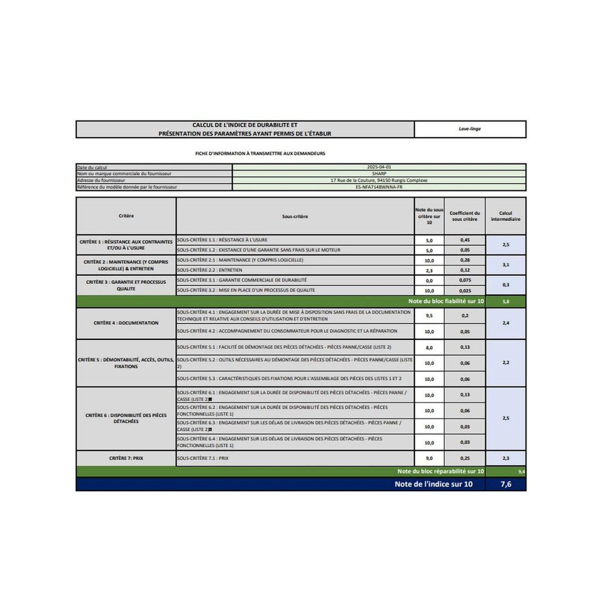 Sharp Lave-linge frontal 7kg 1400 tours/min - ESNFA714BWNNA