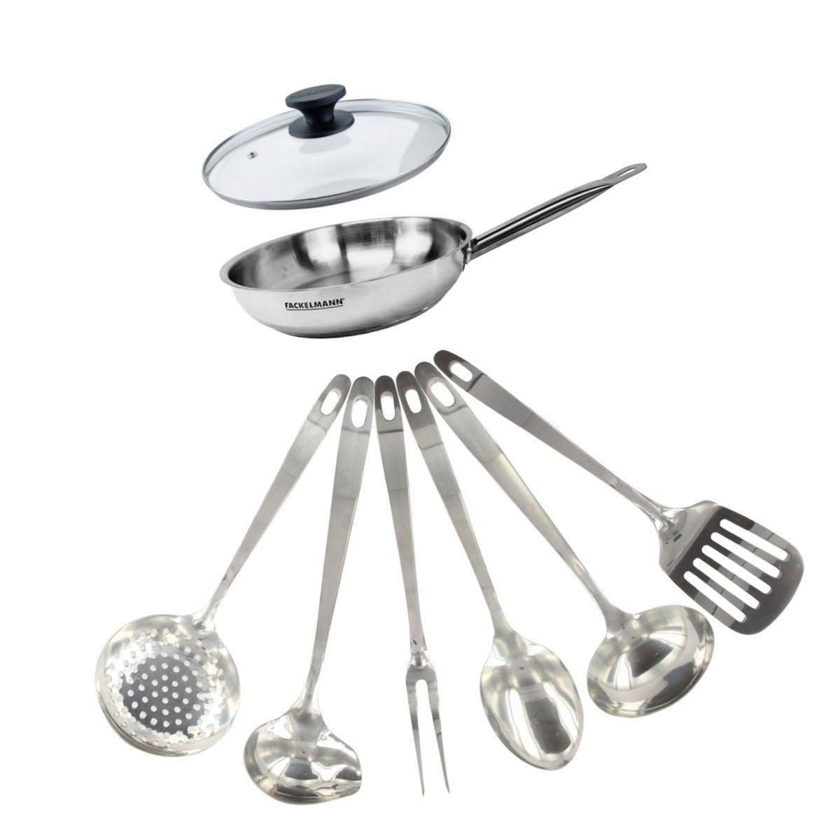 Fackelmann Set poêle 20 cm en inox, couvercle verre et 6 ustensiles inox Fackelmann Eterna
