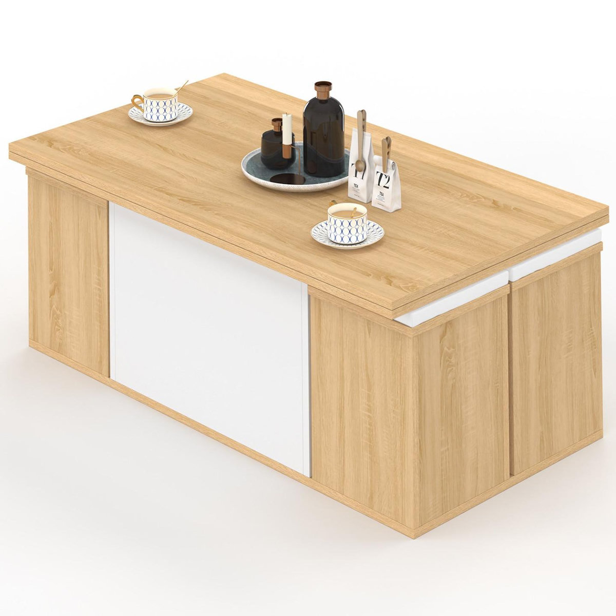 ID MARKET Table basse plateau relevable rectangulaire convertible en table à manger EDEN 100 cm bois et blanc avec poufs